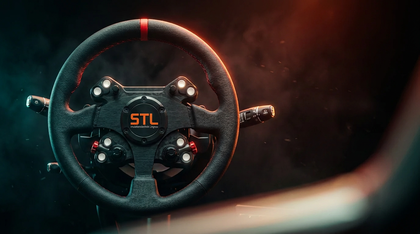 Direct-Drive-Lenkrad des ACTORACER mit Carbon, Alcantara und LED-Drehzahlanzeige